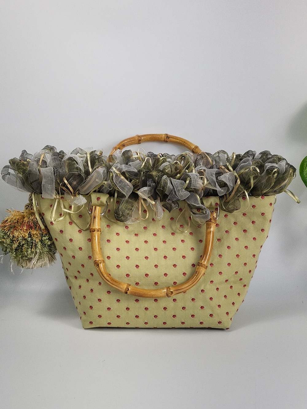 Lula Belle Lime Green w/ Pink Polka-Accented Tote with Bamboo Handles Fairycore